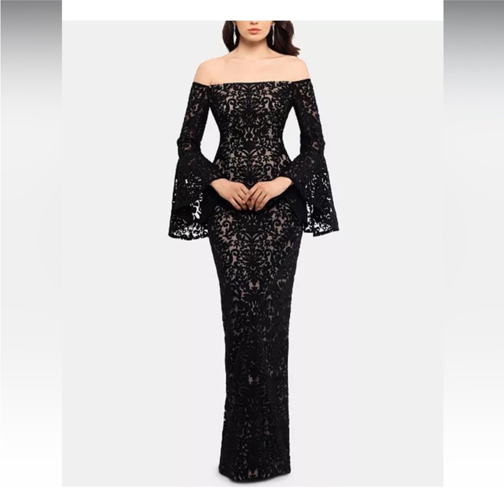 Xscape Black Bell Sleeve Gown for Cocktail Events